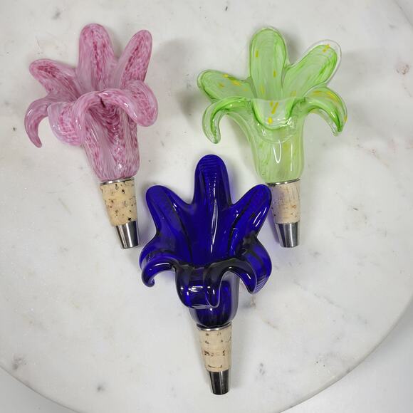 Vtg Murano 3pcs Crystal Flower Cork Stopper Pink Blue Green Hand Blown Art Glass - Picture 8 of 12